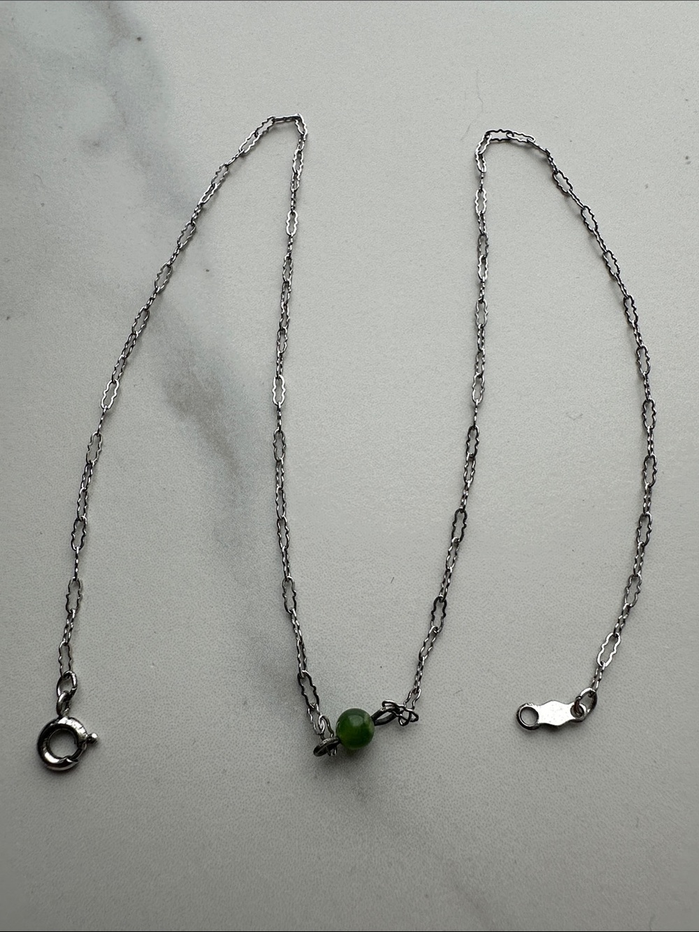 Sterling Silver Chain Necklace Green Jade Stone Bead Clasp Closure 15.5 Inch‎